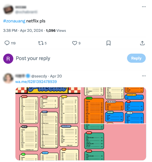 Tweet requesting a Netflix account with hashtag #zonauang, showing engagement counts, followed by a reply that includes a WhatsApp link and a colorful price list for streaming service logins