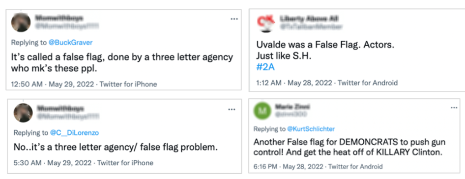 Four tweets circulating conspiracy claims that the Uvalde school shooting was a false flag operation orchestrated by a government agency
