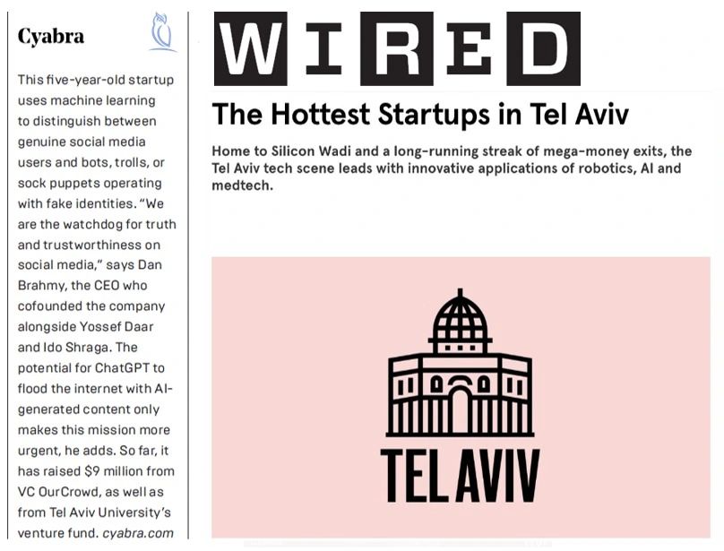 WIRED article titled 'The Hottest Startups in Tel Aviv' featuring a write-up on Cyabra’s AI tool for spotting fake social-media accounts next to a minimalist illustration of Tel Aviv’s skyline