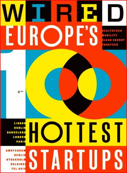 Colorful Wired magazine cover announcing Europe’s 100 hottest startups, with bold block lettering and overlapping yellow, blue, red, and black circles