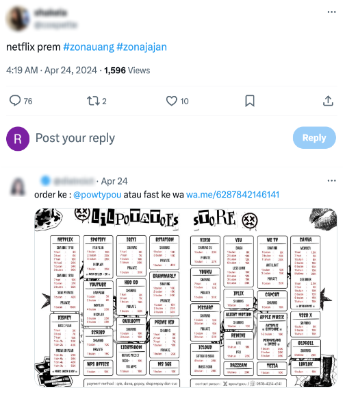 X post advertising illegal Netflix premium accounts, with a reply providing a WhatsApp ordering link and an image price list titled “Lilpotatoes Store” offering discounted logins for Netflix, Spotify, Disney+, and other streaming platforms