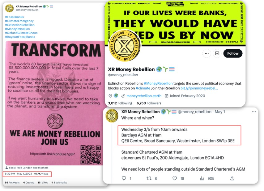 Collage showing XR Money Rebellion pink poster titled TRANSFORM accusing major banks of fossil-fuel investment and urging people to join, alongside the group’s Twitter header and a tweet giving protest details with times and London venues for Barclays and Standard Chartered AGMs