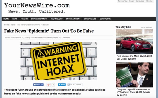 YourNewsWire webpage displaying an article titled 'Fake News Epidemic Turn Out To Be False' with a prominent yellow sign reading 'WARNING INTERNET HOAX' over a keyboard background