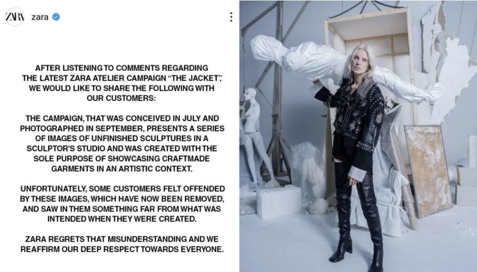 Zara statement post about campaign controversy shown next to a model in a sculptor’s studio wearing a studded black jacket amid mannequins and a wrapped white sculpture
